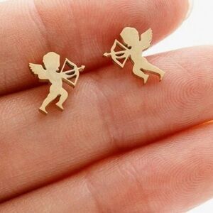 Stainless Steel Gold Cupid Angel Bow and Arrow Earrings, Cupid Stud Earrings